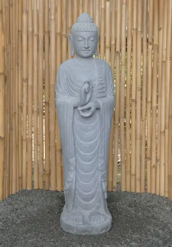 Product image of the product “Standing Buddha made of Riverstone in Dharmachakra position - gesture of wheel of the teaching of Dharma. About 143cm height ”